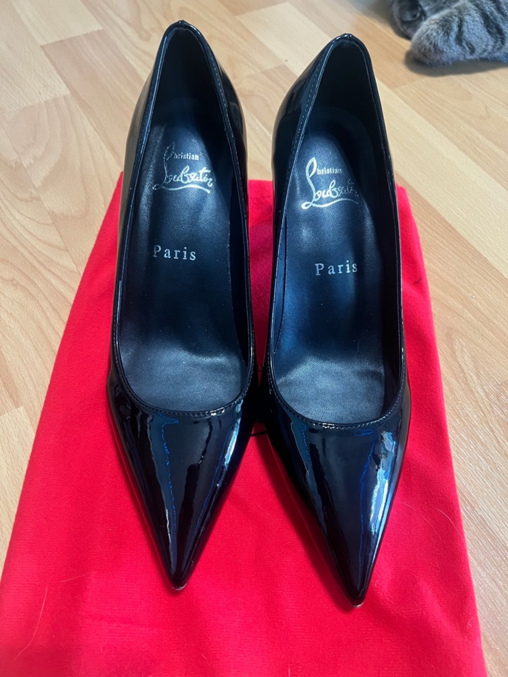 Christian Louboutin Black Patent Pointed Toe Pumps with Red Dust Bag Accent